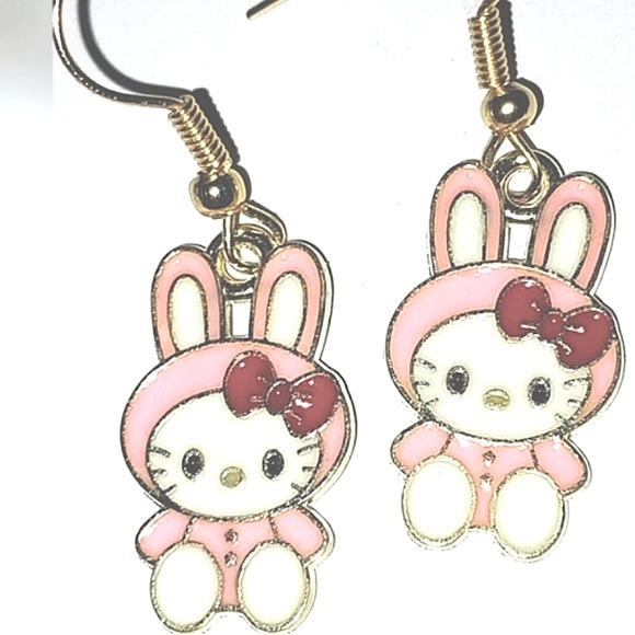 Hello Kitty Bunny Dangle Earrings Hypoallergenic Stainless Steel Earwires NEW - Picture 1 of 8